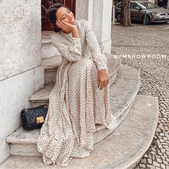 Zara Satin Polka Dot Long Sleeve Midi Dress - Picture 7 of 15